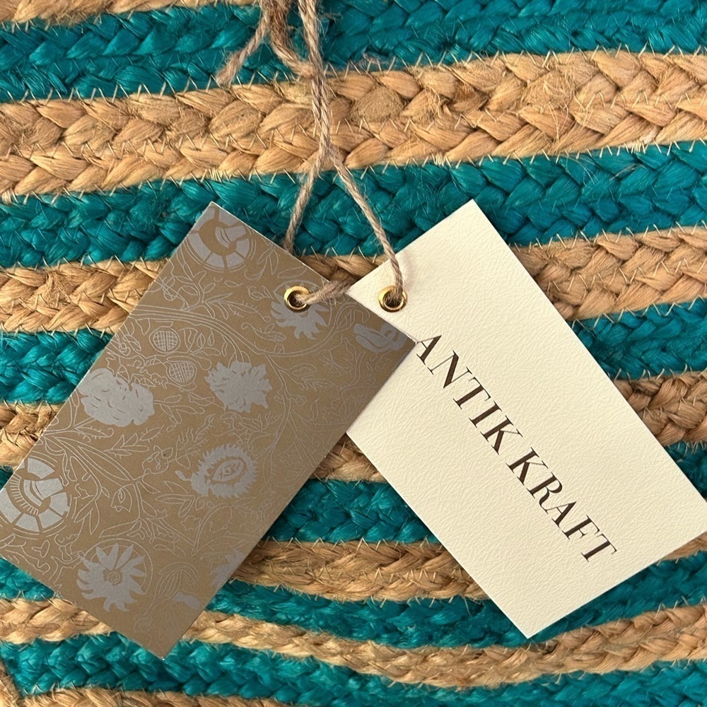 ANTIK KRAFT Hashree Wicker Jute Blue Stripes Tote Bag Wooden Handles Beach Bag - Picture 14 of 16